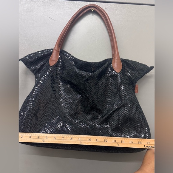 Sorial Metallic Black Leather Snakeskin Tote with Brown Leather Straps - Picture 8 of 8